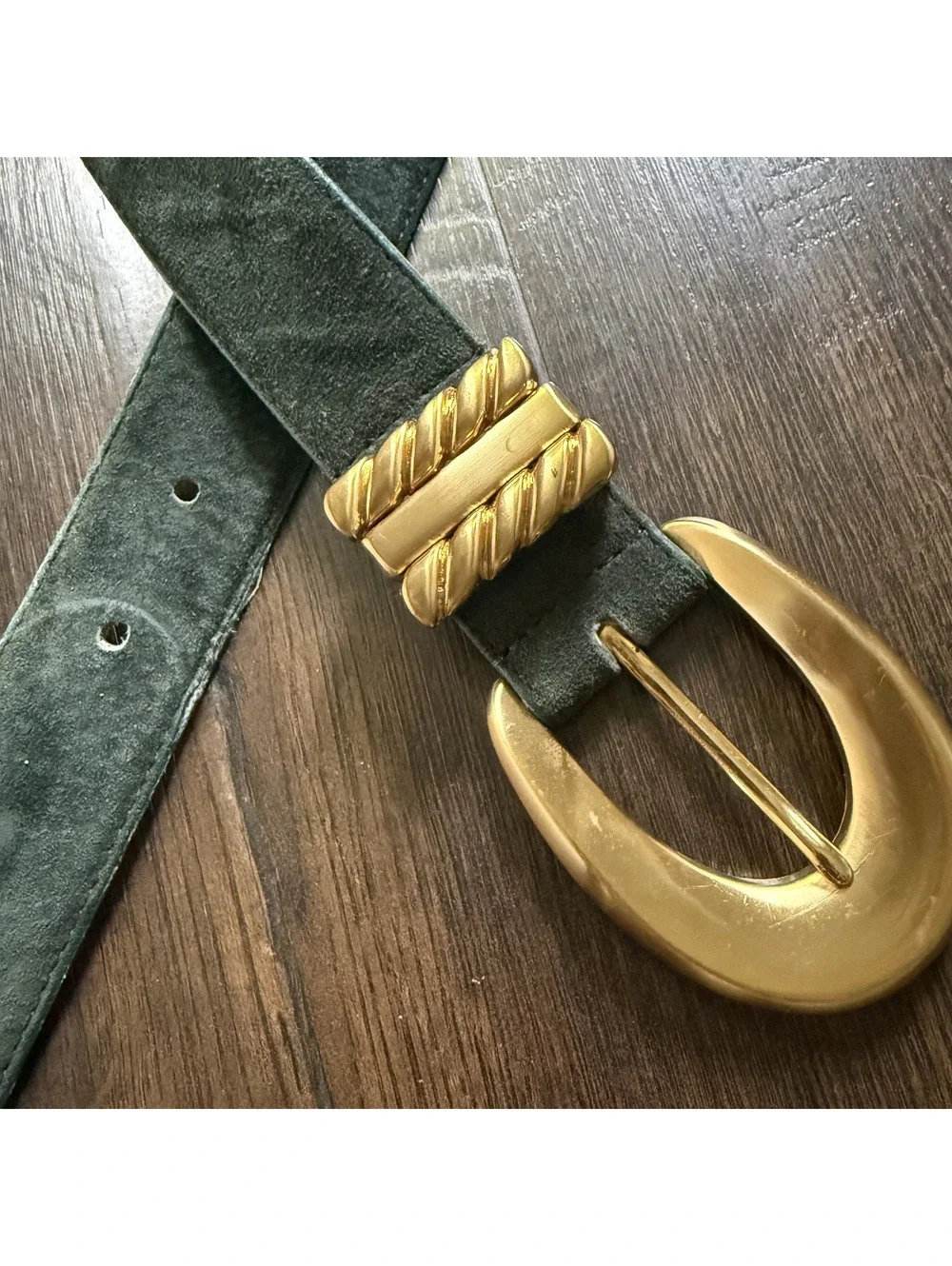 Vintage 90s Linda Allard Ellen Tracy Green Suede Gold Buckle Belt Medium